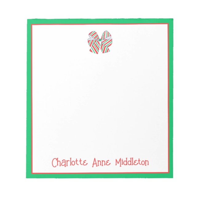 Holiday Red and Green Stripe Bow Personalized Notepad (Front)