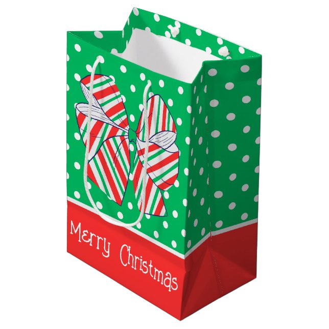 Holiday Red and Green Striped Bow Polka Dot Medium Gift Bag (Front Angled)