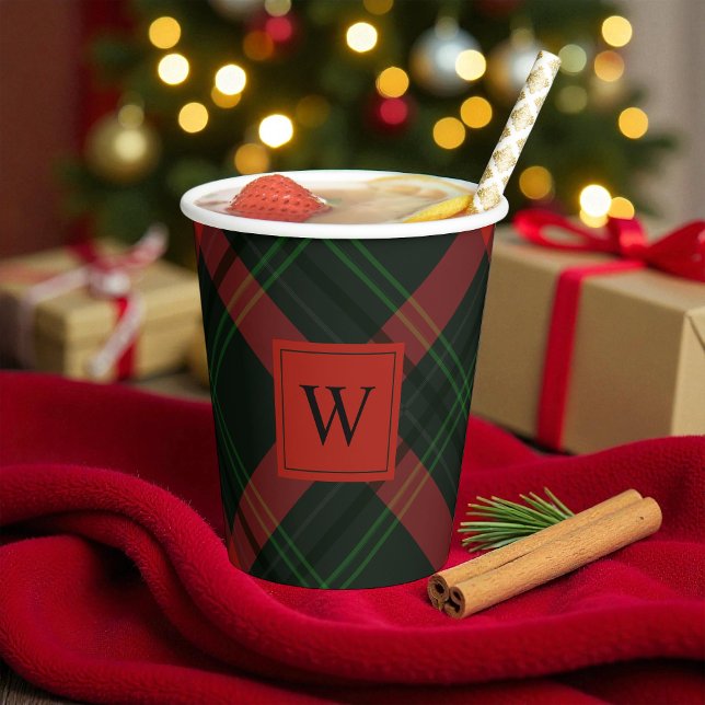 Holiday Red and Green Tartan Plaid with Monogram Paper Cups (Creator Uploaded)