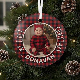 Holiday Red & Black Plaid First Christmas Custom Glass Ornament