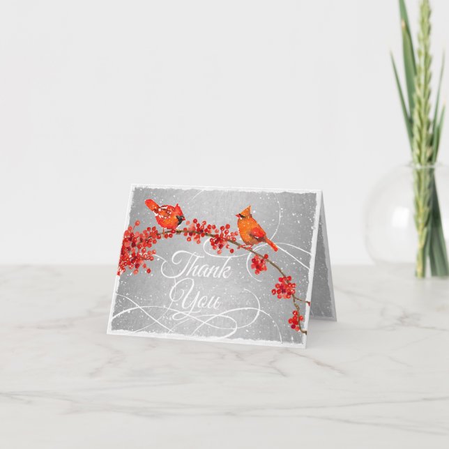 Holiday Red Cardinals Faux Silver Thank You Card (Front)