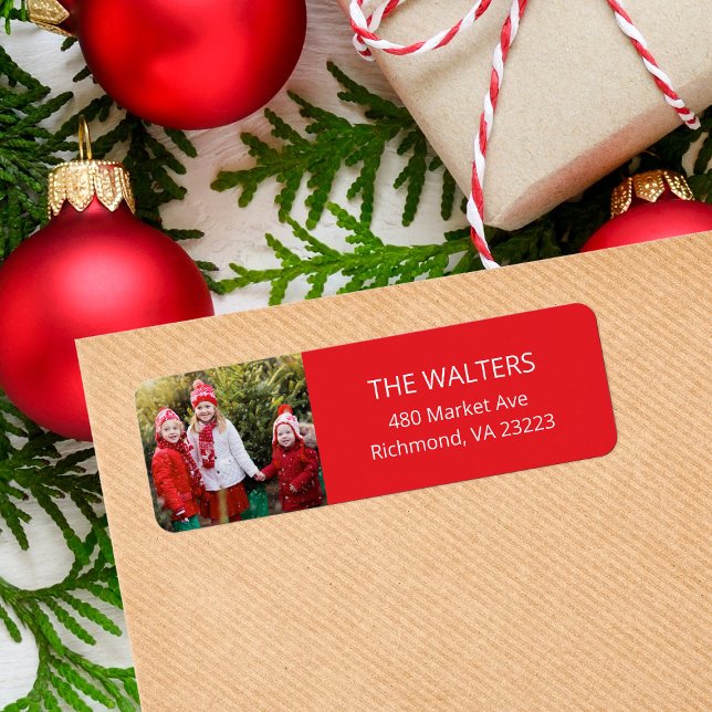 Holiday Red Custom Photo Return Address Labels (Créateur téléchargé)