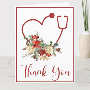 Holiday Red Floral Stethoscope Heart Thank You Card