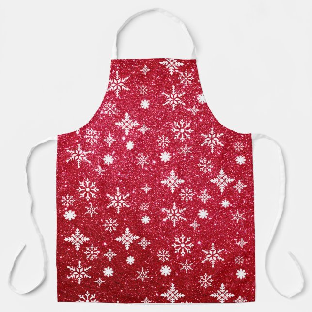 Holiday Red Glitter Snowflake Pattern Christmas Apron (Front)