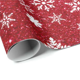 Holiday Red Glitter Snowflake Pattern Christmas Wrapping Paper