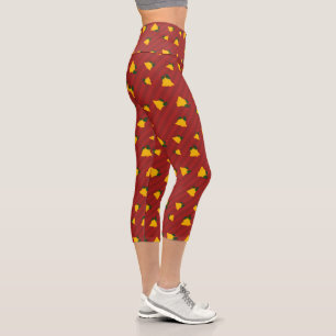 Holiday Red Gold Stripe Bells Christmas Capri Leggings