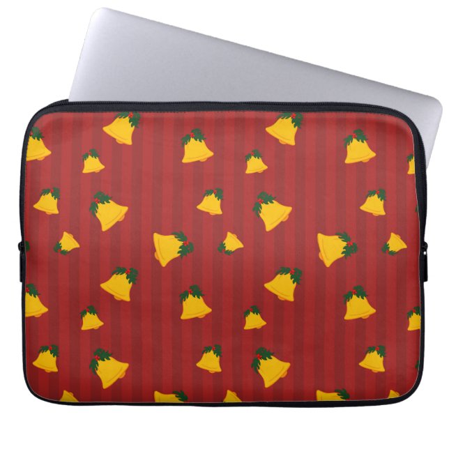 Holiday Red Gold Stripe Bells Christmas Laptop Sleeve (Front)