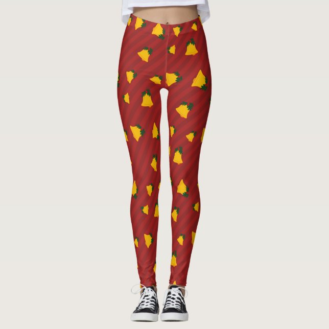 Holiday Red Gold Stripe Bells Christmas Leggings (Front)