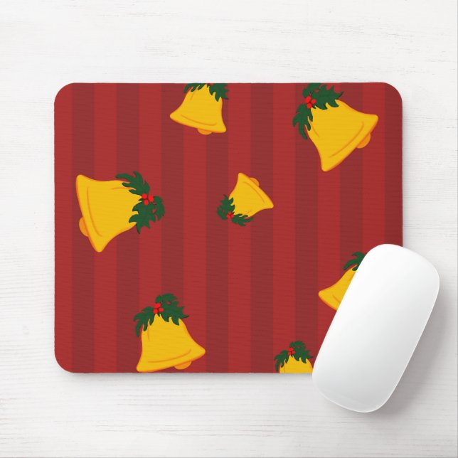Holiday Red Gold Stripe Bells Christmas Mouse Pad (With Mouse)
