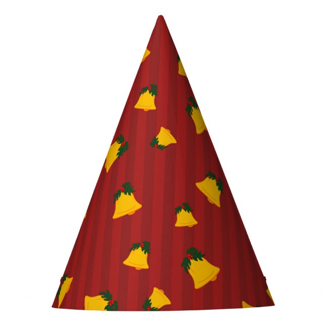 Holiday Red Gold Stripe Bells Christmas Party Hat (Front)
