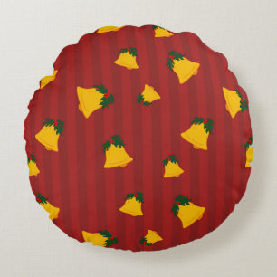 Holiday Red Gold Stripe Bells Christmas Round Pillow