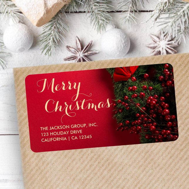 Holiday Red & Gold Typography Greenery Address Label (Creator Uploaded)