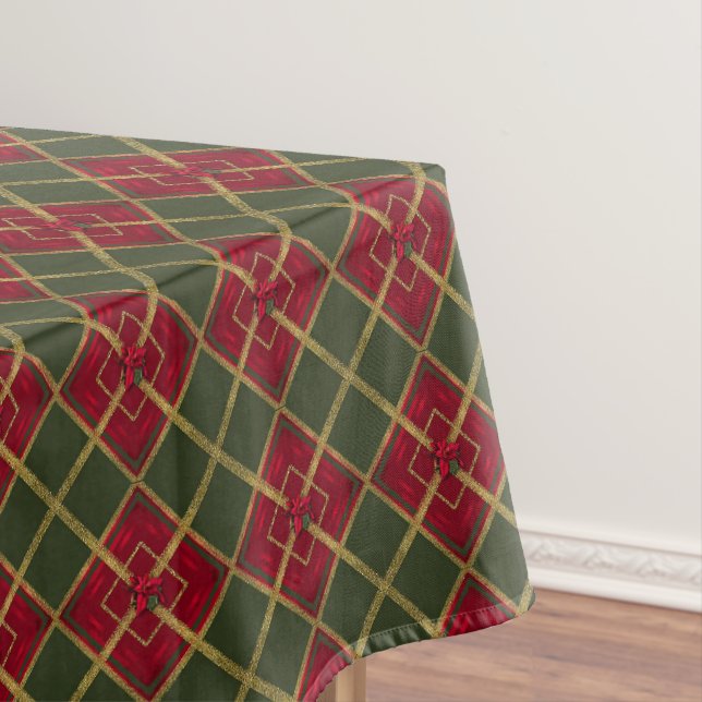Holiday Red, Green and Gold Glitter Geometric Tablecloth (In Situ)