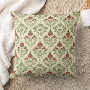Holiday Red Green Beige Vintage Damask Throw Pillow