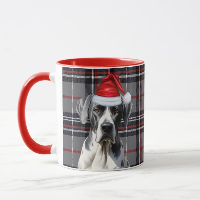 Holiday Red Grey Plaid Great Dane Dog Christmas Mug (Left)