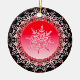 Holiday Red Ice Crystal Snowflake Ceramic Ornament