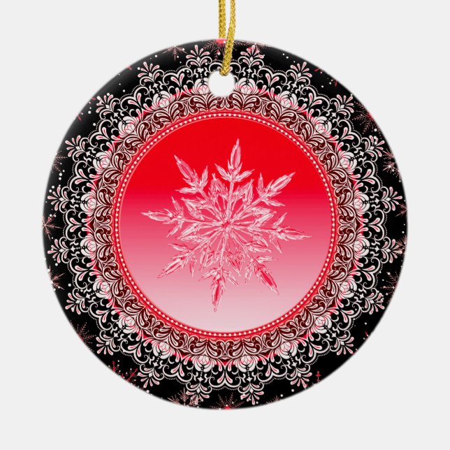 Holiday Red Ice Crystal Snowflake Ceramic Ornament (Front)