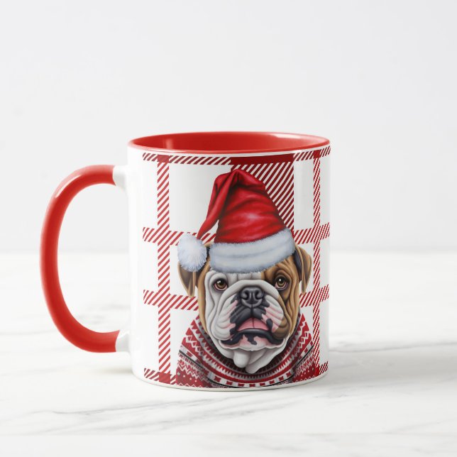 Holiday Red Plaid and Bulldog in a Hat Christmas Mug (Left)