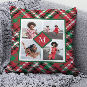 Holiday Red Plaid Photo Collage and Monogram Throw Pillow