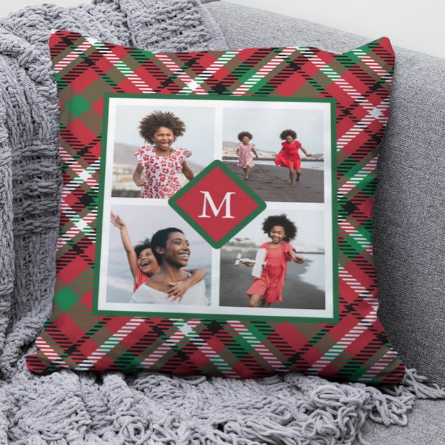 Holiday Red Plaid Photo Collage and Monogram Throw Pillow (Creator Uploaded)