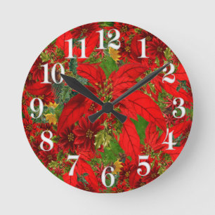 Holiday Red Poinsettia with White Numbers Round Clock