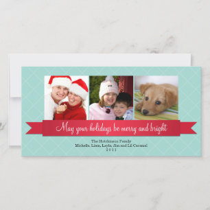 Holiday red satin ribbon blue lattice greeting card