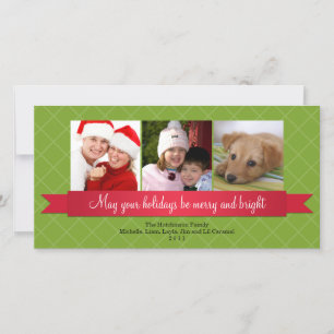 Holiday red satin ribbon green lattice greeting card