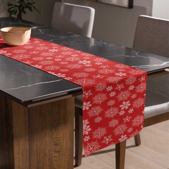 Holiday Red Simple Snowflake Modern Stylish Short Table Runner (Red Snowflake table runner)