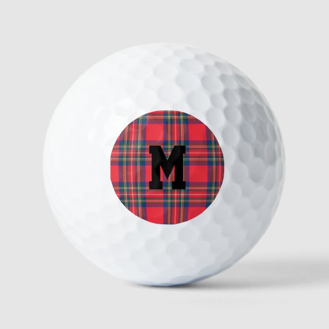 Holiday Red Tartan Plaid Monogram Initial Black  Golf Balls (Front)