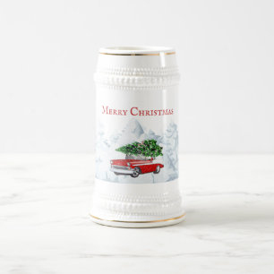 Holiday red vintage car Christmas tree snow Beer Stein