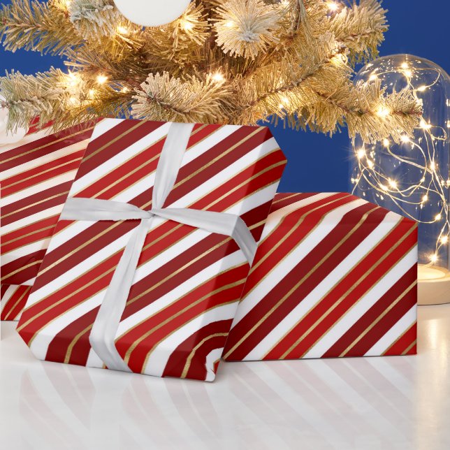 Holiday Red, White and Gold Foil Christmas Stripes Wrapping Paper (Holidays)