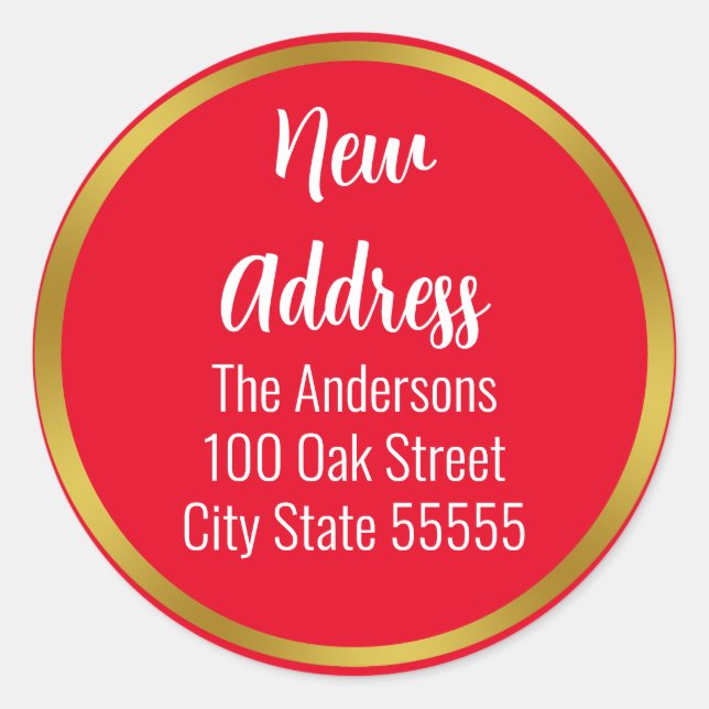 Holiday Red White and Gold Moving Announcement Classic Round Sticker (Front)