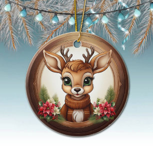 Holiday Reindeer Festive poinsettia flower 🦌🎄 Ceramic Ornament