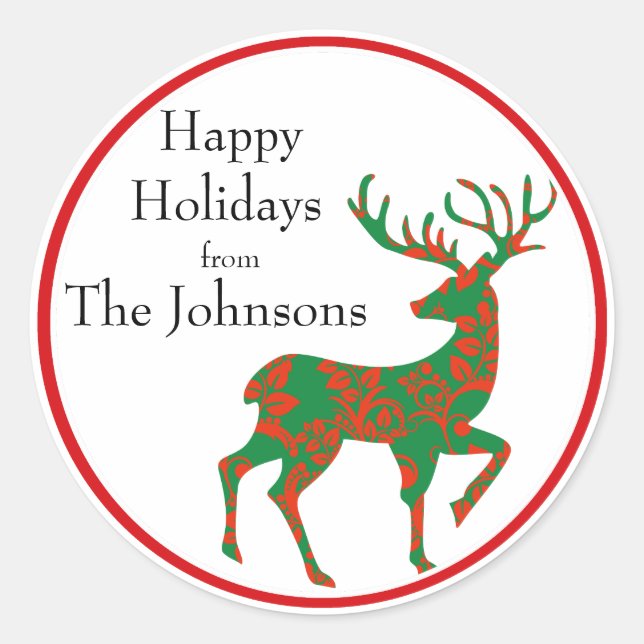 Holiday Reindeer Personalized Classic Round Sticker (Front)