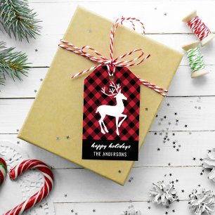 Holiday Reindeer   Red and Black Buffalo Plaid Gift Tags