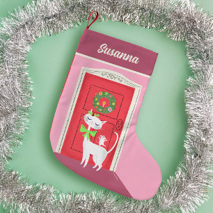 Holiday Retro White Cat and Mouse Small Christmas Stocking