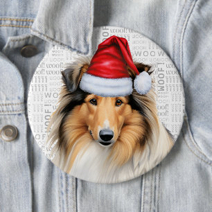 Holiday Rough Collie Dog on Woof Background 6 Inch Round Button