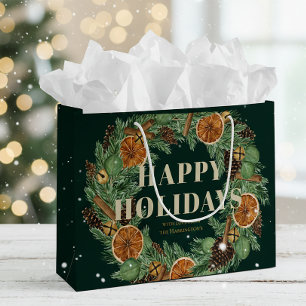 Holiday Rustic Pine Dried Orange Watercolor Wreath Large Gift Bag