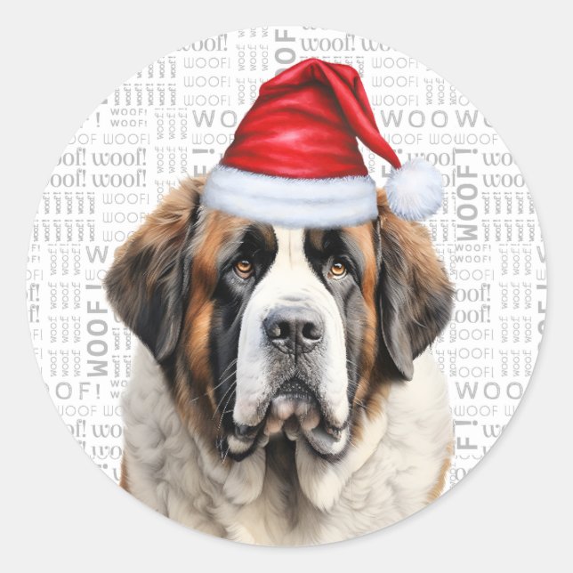 Holiday Saint Bernard Dog and Woof Art Christmas Classic Round Sticker (Front)