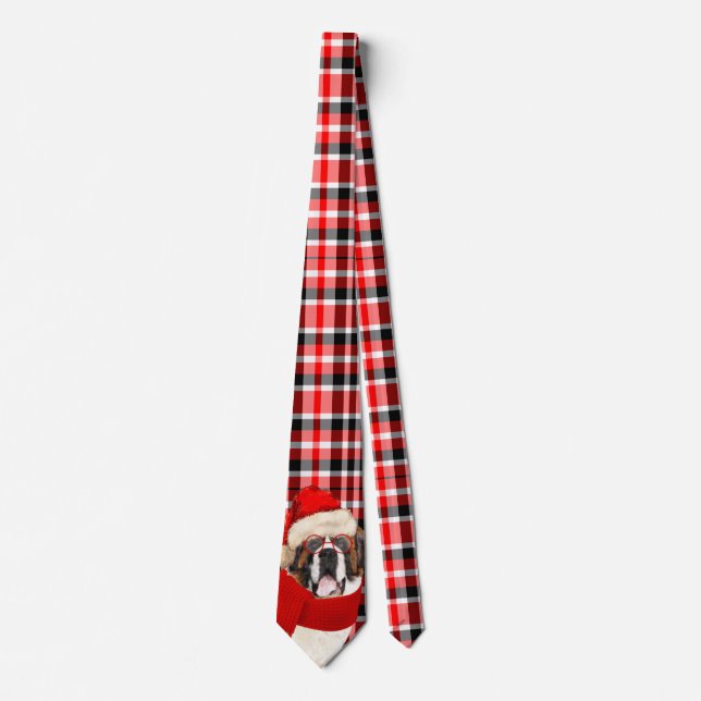 Holiday Saint Bernard Dog Red Plaid Christmas Tie (Front)