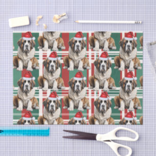 Holiday Santa Saint Bernard Dog Plaid Christmas Tissue Paper