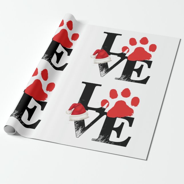 Holiday Santapaws -Paw Print in Christmas LOVE Wrapping Paper (Unrolled)