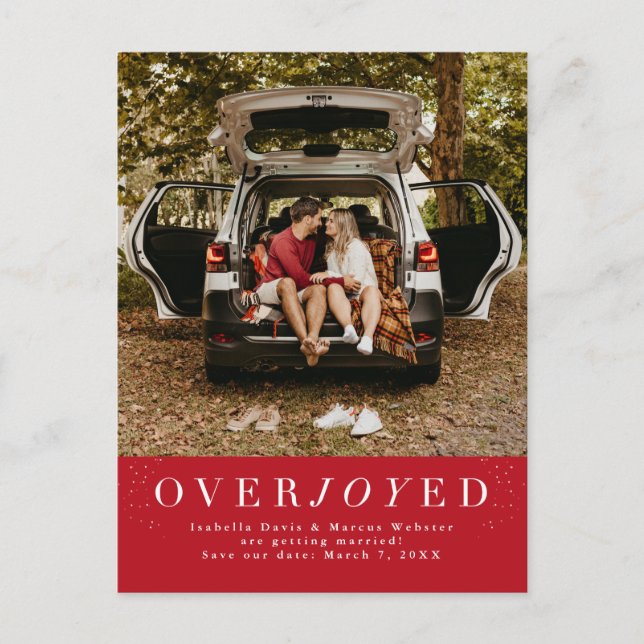 Holiday save the date red photo postcard (Front)