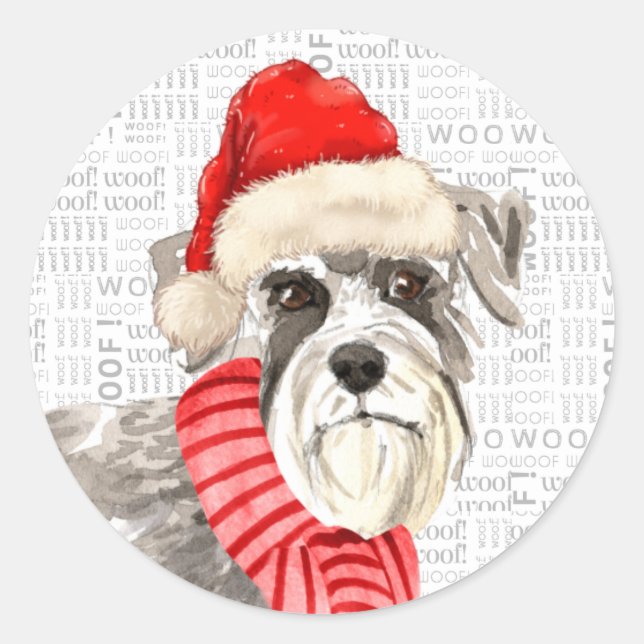Holiday Schnauzer Dog and Woof Art Christmas Classic Round Sticker (Front)