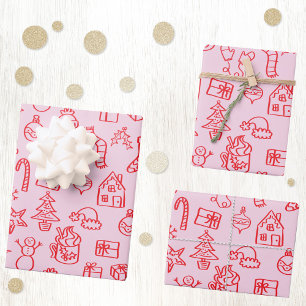 Holiday Scribble Doodle Red and Pink Wrapping Paper Sheet