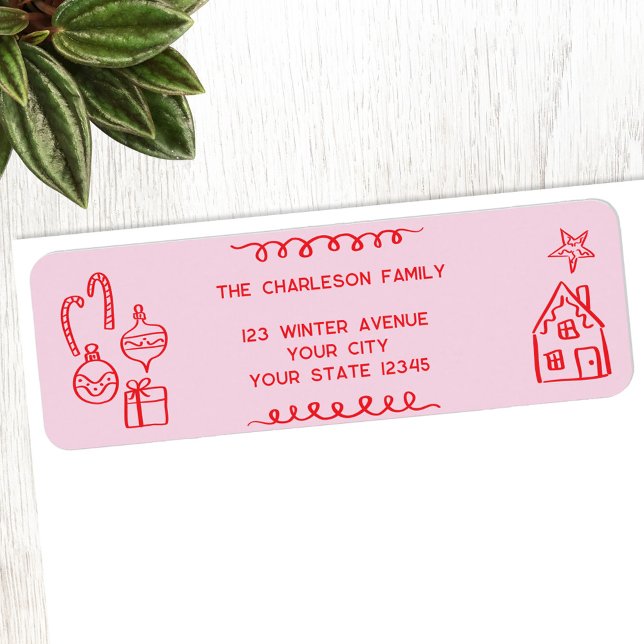 Holiday Scribble Doodle Red Pink Adresse de retour (Fun holiday doodle scribble illustration Christmas personalized return address label)