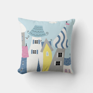 Holiday Seaside Town Buildings Colorful Throw Pillow