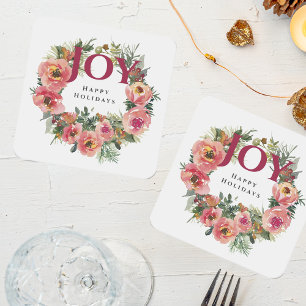 Holiday Season Joy Wreath Botanical Square Paper Coaster