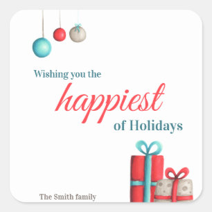Holiday Season Teal and Red Personalized Family Square Sticker