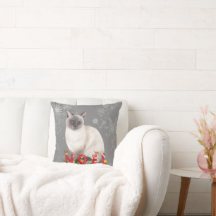 Holiday Siamese Cat Watercolor  Throw Pillow